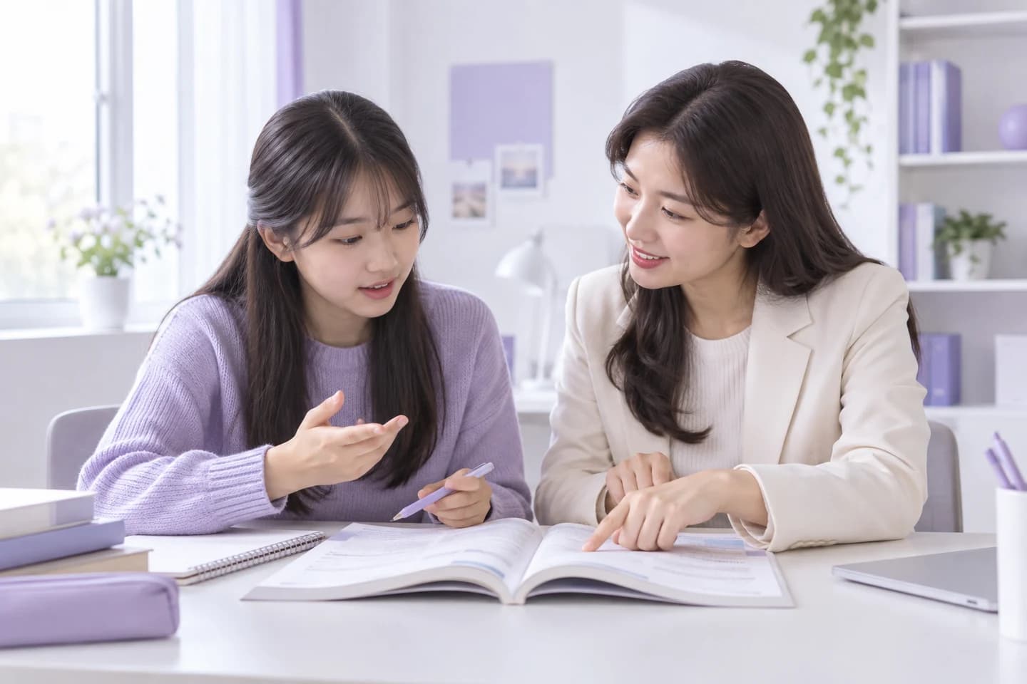밝은 학습 공간에서 학생의 질문을 듣고 설명하는 1:1 맞춤과외 선생님